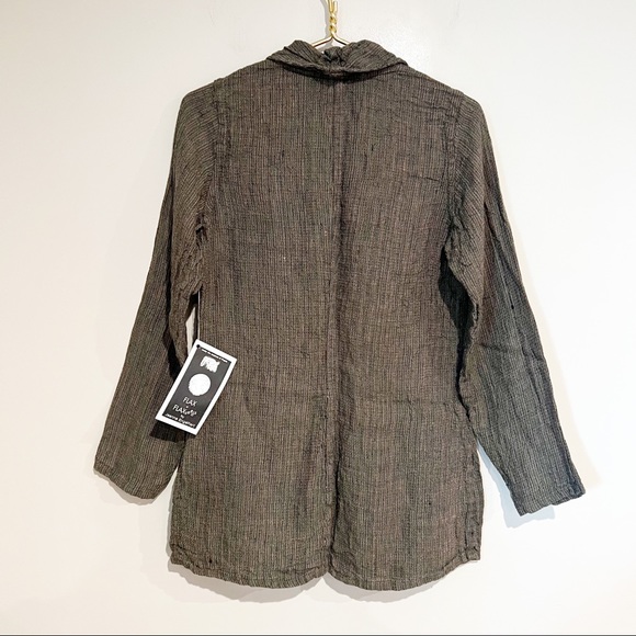 FLAX 100% Linen Brown Multicolor Woven Shawl Collar Snap Front Top/Jacket - Picture 8 of 10